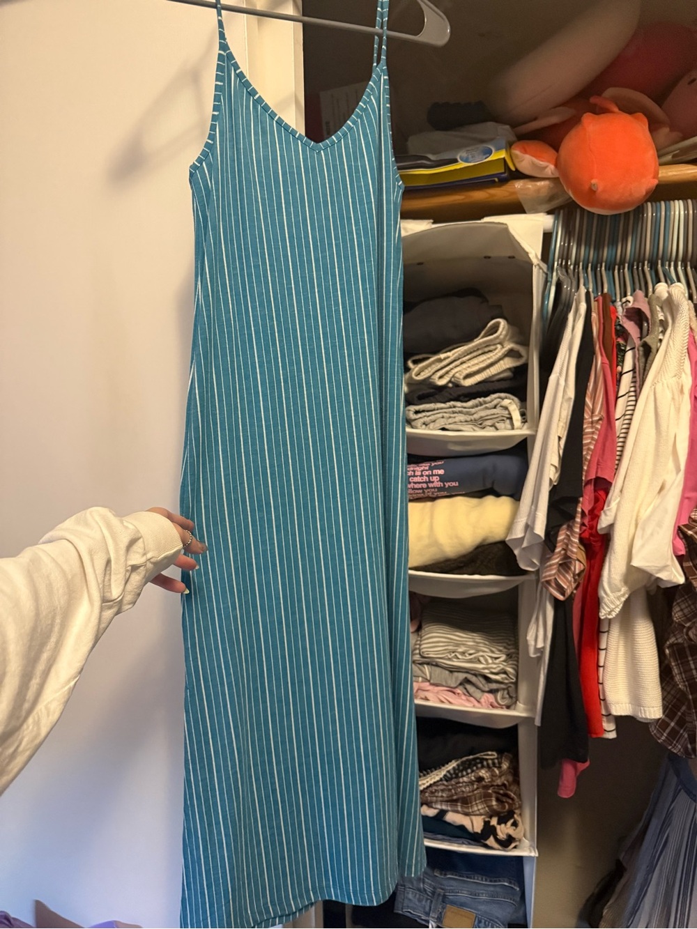 Roxy Teal Blue Vertical-Stripe Midi Slip Dress